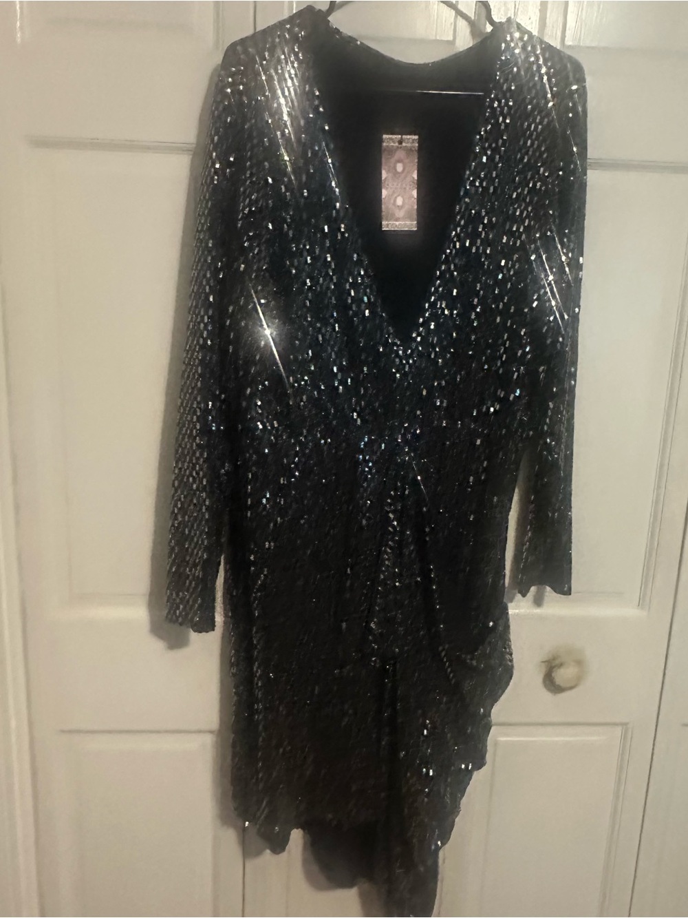 Boohoo Black Sequin Long Sleeve Plunge Wrap Dress